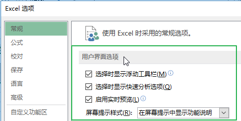 设置 Excel 用户界面选项