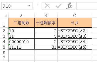 BIN2DEC 函数